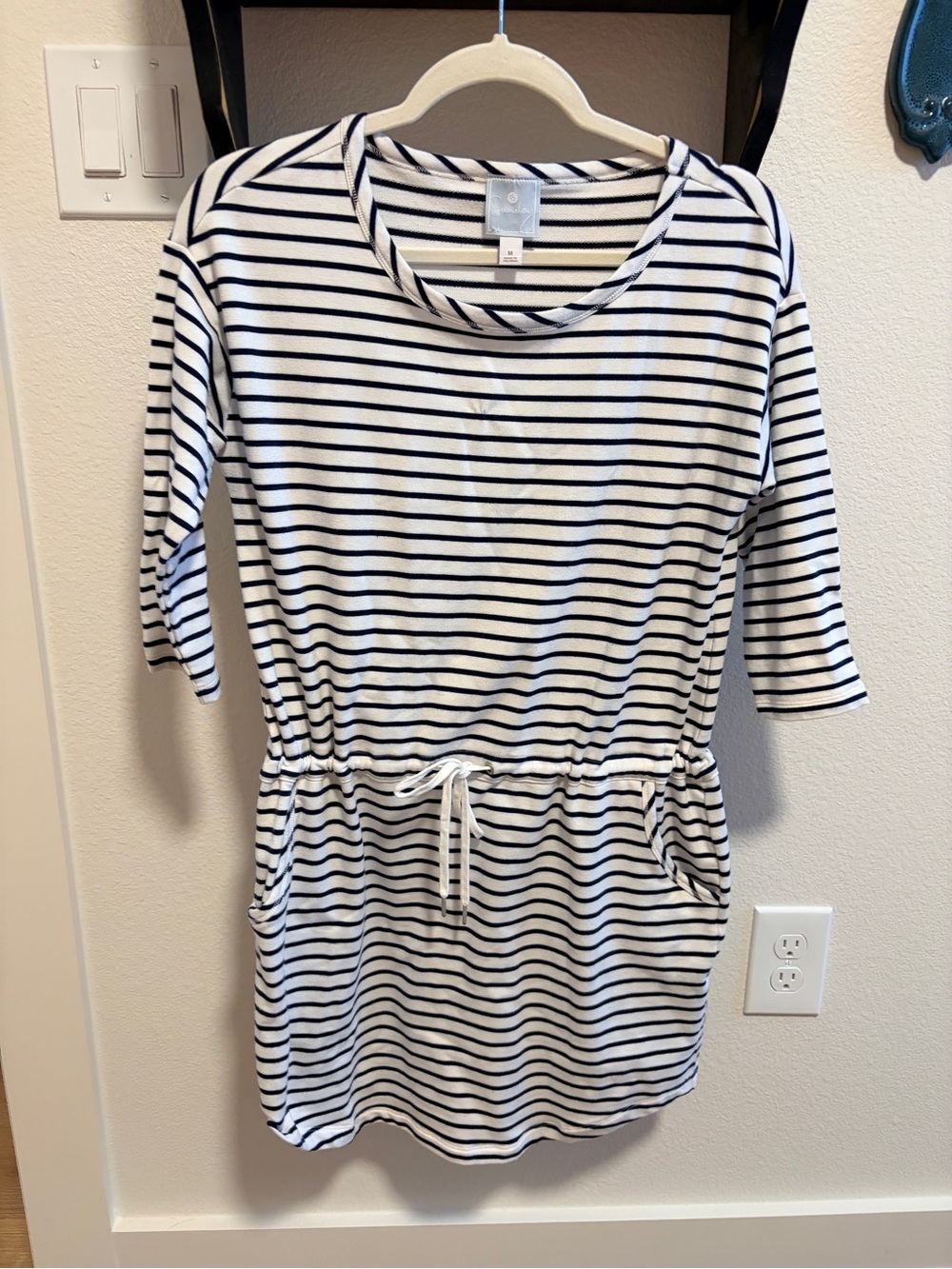 Dress Barn Navy and White Striped Long Sleeve sweatshirt Drawstring Dress